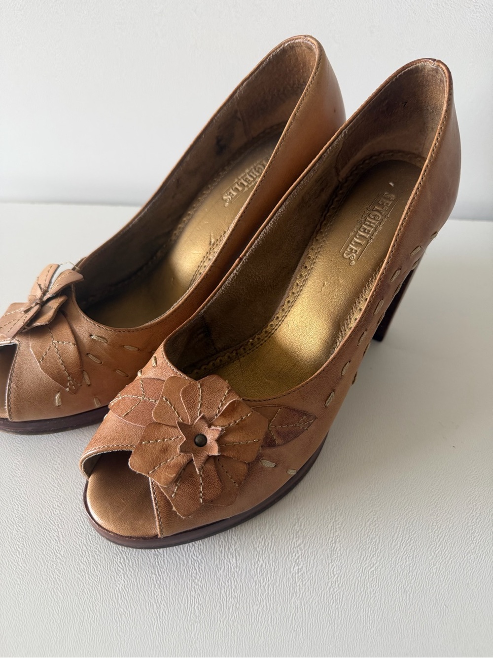 Seychelles Tan Leather Peep-Toe Heels with Floral Cutwork